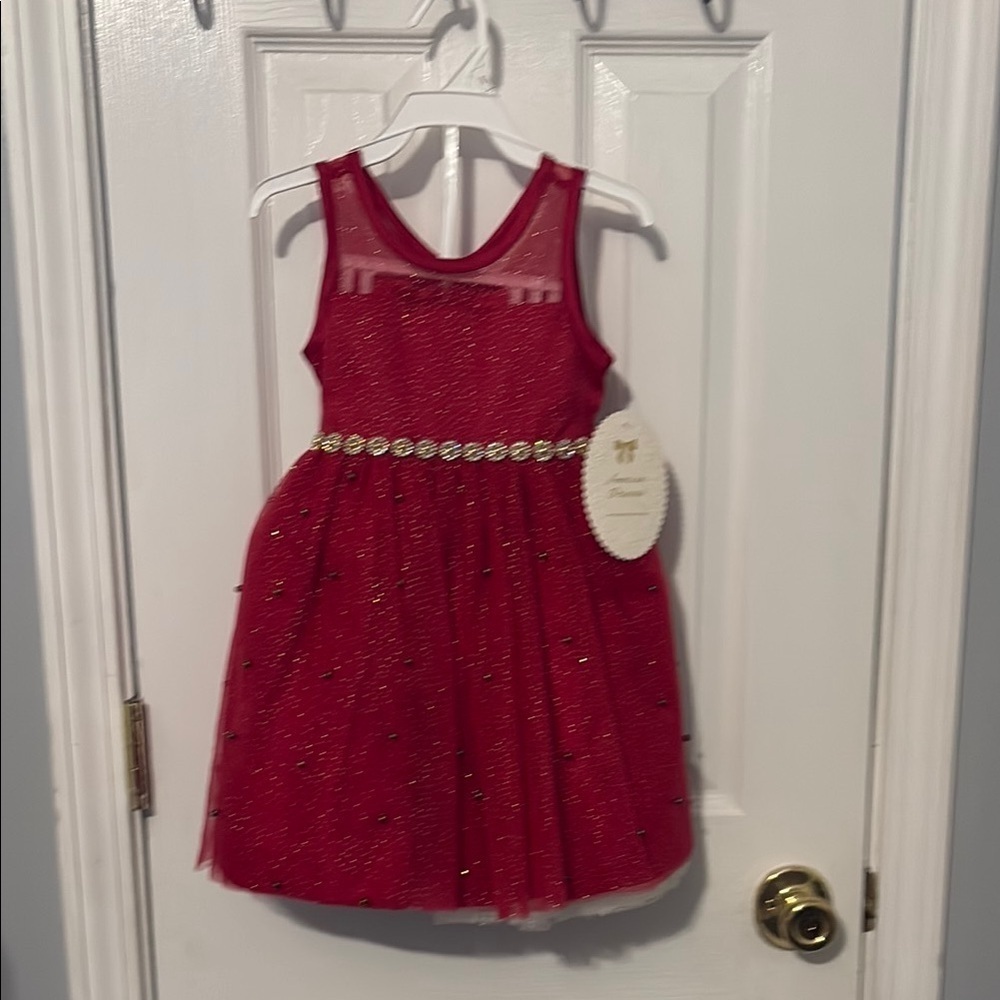Red knee-length embellished sundress with scoop neck for wedding guest